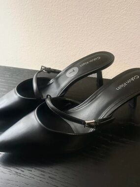Calvin Klein Black Pointed Toe Mule Heels with Slim Strap
